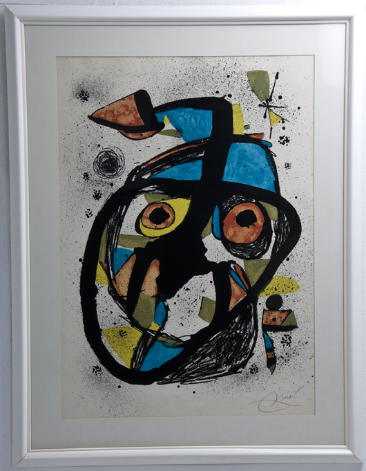Joan Miro, 'Carota,' circa 1978, Mourlot, 1148 lithograph in color, signed and numbered '51/75' in pencil, 35 1/2 x 25 1/2 inches. Provenance: Galerie Maeght, 1980 the estate of David Wolper. Image courtesy A.N. Abell Auction Co. 