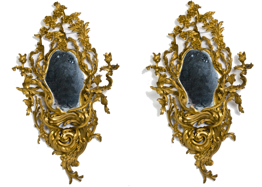 Pair of Louis XV-style dore bronze girandole mirrors, the cartouche-shaped mirror back with four scrolled and foliate candle arms, 42 x 24 inches. Estimate: $8,000-$/12,000. Image courtesy A.N. Abell Auction Co.