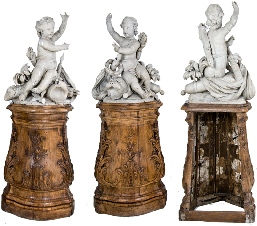 Pair of Louis XV carved and grisaille-painted cherubs, 18th century, each on a carved walnut pedestal, 35 inches high, 76 total inches high. Estimate: $30,000-$/50,000. Image courtesy A.N. Abell Auction Co. 