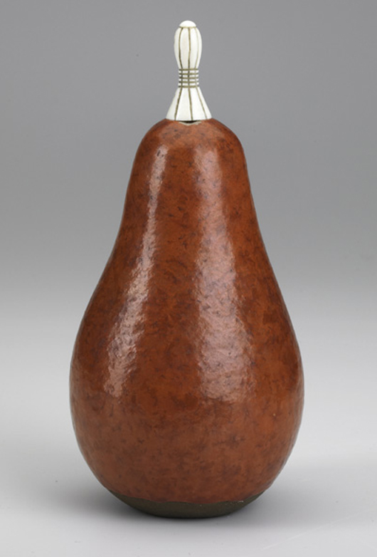 Henri Simmen and Eugenie O'Kin pear-shaped covered vessel: $52,500. Image courtesy Rago Arts and Auction Center.
