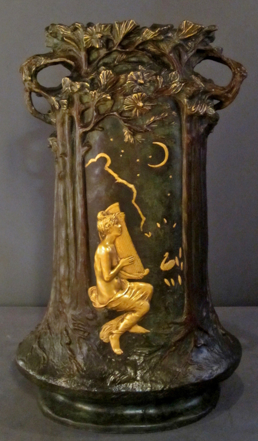 Art Nouveau patinated gilt bronze vase with foundry mark “E. Blot Paris Vrai Bronze,” signed [Jules] ‘Jouant,’ 25½-inches tall, est. $4,000-$6,000. Sterling Associates image.