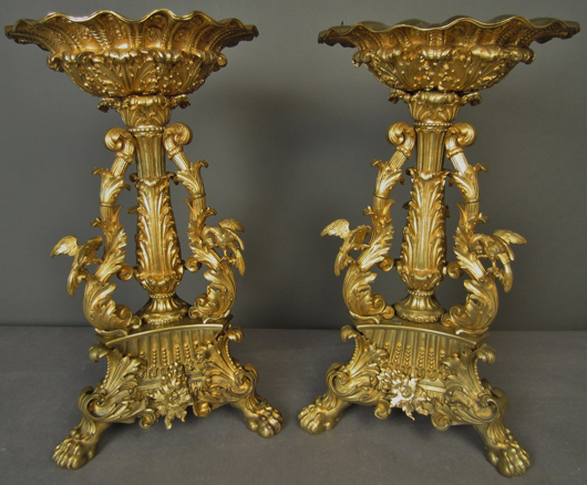 Pair of 19th-century French figural gilt bronze compotes, est. $6,000-$8,000. Sterling Associates image.