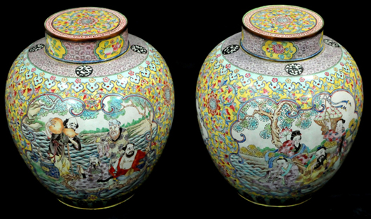 Pair of Chinese cloisonne ginger jars, early 19th century. Estimate: $2,000-$4,000. Image courtesy Gray’s Auctioneers.