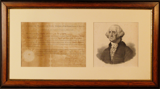 Portrait of George Washington framed together with a 1795 document signed by the first U.S. president and confirming the appointment of ‘Richard Dickinson of Connecticut’ to the position of ‘Inspector of the Revenue for the Port of Saybrook,’ est. $12,000-$16,000. Sterling Associates image.   