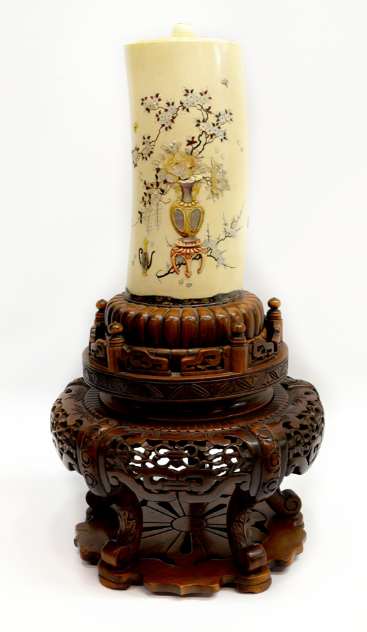 Impressive Japanese Meiji period Shibayama style inlaid ivory container, expected to bring $4,000-$6,000