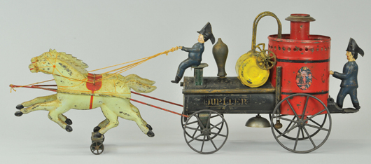 Fallows 22½-inch hand-painted tin fire pumper. Estimate $4,000-$6,000. Bertoia Auctions image.   