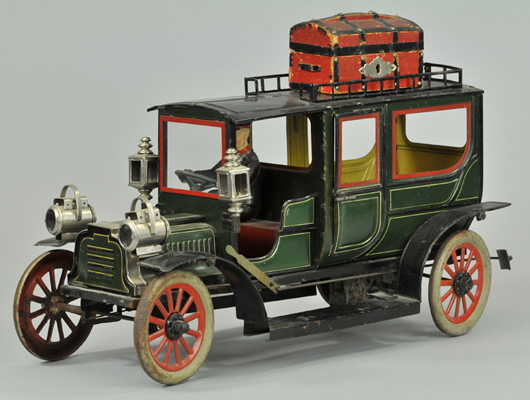 Circa-1911 Carette lithographed-tin limousine. Estimate $3,000-$3,500. Bertoia Auctions image.