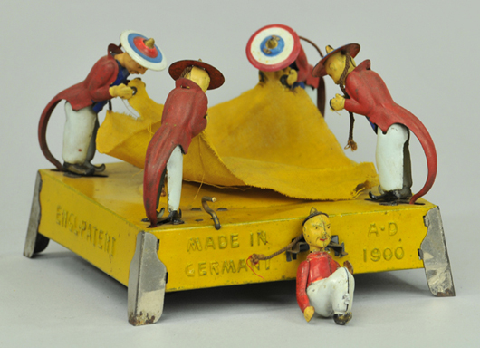 Rare and desirable Lehmann (German) Boxer Rebellion tinplate windup toy, made in 1900, inspired by the Chinese secret society of 1898-1901. Estimate $10,000-$13,000. Bertoia Auctions image.   
