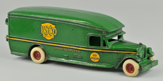 Circa-1929 Arcade cast-iron ‘White’ moving van toy. Estimate $14,000-$18,000. Bertoia Auctions image.   