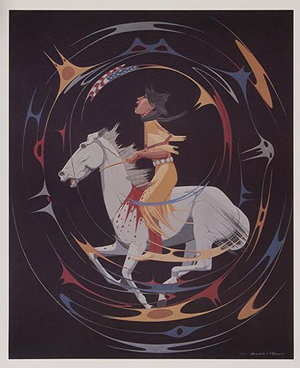 Oscar Howe (Yanktonais Sioux, 1915-1983) 'Man on White Horse.' Image courtesy LiveAuctioneers.com Archive and Cowan's Auctions Inc.