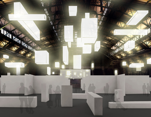 Floating blocks Courtyard, architectural rendering by David Ling