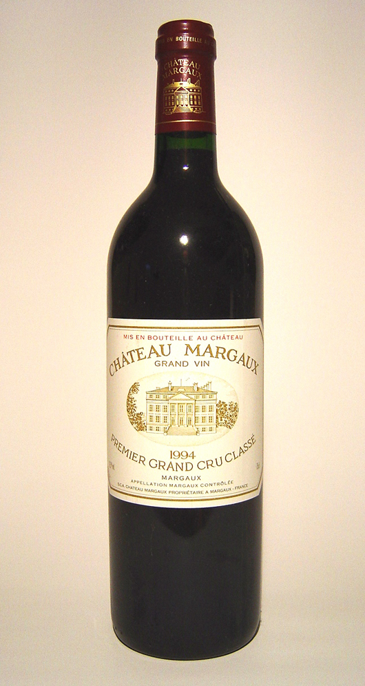 A genuine bottle of 1994 Chateau Margaux, Premier Grand Cru Classe, a highly desirable First Growth from the Bordeaux region of France. Image licensed under the Creative Commons Attribution-Share Alike 3.0 Unported license.