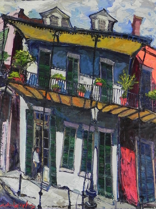 Original oil on canvas by James Michalopolous, titled 'French Quarter House with Balcony.' Image courtesy Crescent City Auction Gallery.   