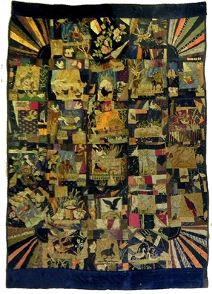 Unusual 19th century American patchwork sampler quilt, with 26 velvet and silk patches. Image courtesy Crescent City Auction Gallery.