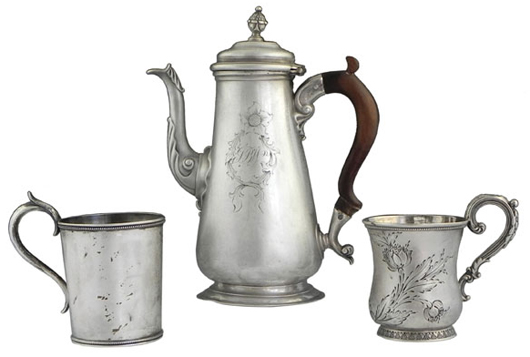 Silver pieces will include an 1855 coin silver cup, a Fuller White demitasse coffee pot and an 1849 Hyde & Goodrich cup. Image courtesy Crescent City Auction Gallery.   