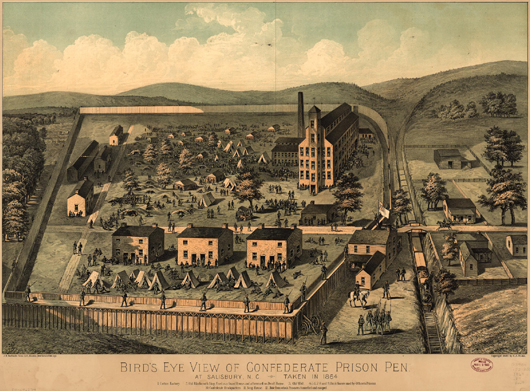 Bird's-eye view of the Confederate prison at Salisbury, N.C. in 1864. Image courtesy Wikimedia Commons. 