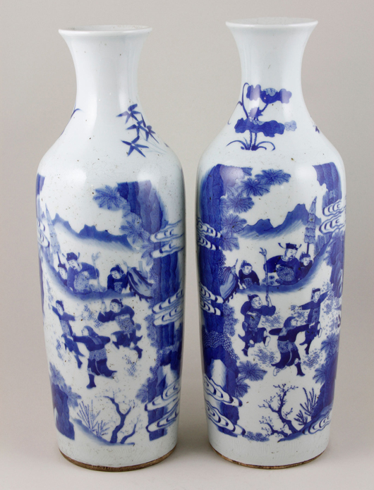 Pair of blue and white vases, China, Ming Dynasty (1368-1644), Ming officials partaking in a hunt, 15 1/2 inches x 5 inches. Estimate: $12,000-$18,000. Image courtesy of Kaminski Auctions.