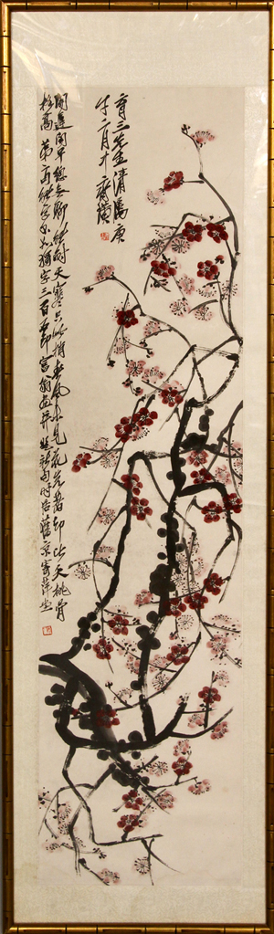 Painting, China, 20th century, of plum blossoms, ink and color on paper, signed and sealed Qi Baishi (1864-1957), dedicated to Yu San, 53 inches x 13 1/4 inches. Provenance: from the collection of Wen Tsan Yu, dedicated to Yu San, Yu’s moniker. Estimate: $20,000-$30,000. Image courtesy of Kaminski Auctions.