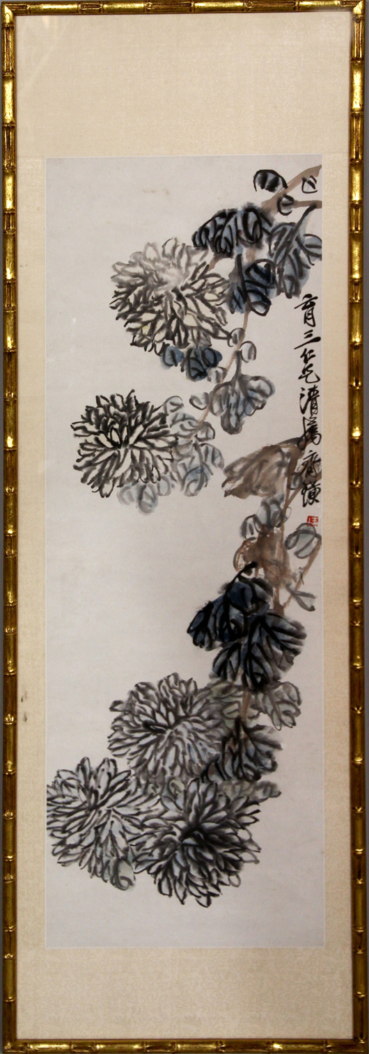Painting, China, 20th century, chrysanthemums, ink and color on paper, signed and sealed Qi Baishi (1864-1957). Estimate: $10,000-$15,000. Image courtesy of Kaminski Auctions.
