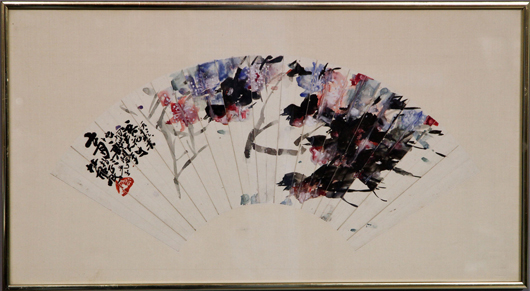 Fan painting, China, 20th century, Lin Fengmian (1900-1991), ink and color on paper, dedicated to Yu San, frame 24 inches  x 13 1/4 inches. Estimate: $6,000-$9,000. Image courtesy of Kaminski Auctions.