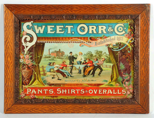 Sweet Orr & Co. Overalls advertising sign, tin, circa 1890s, est. $6,000-$9,000. Morphy Auctions image.
