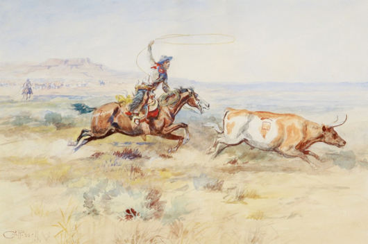 'Roping a Steer, 1898,' Charles M. Russell, watercolor, 11 3/4 x 17 1/4 inches. Price realized: $375,000. Image courtesy C.M. Russell Museum.