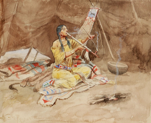 'Waiting for Her Brave's Return,' Charles M. Russell, watercolor on paper, 12 x 15 inches. Price realized: $375,000. Image courtesy C.M. Russell Museum
