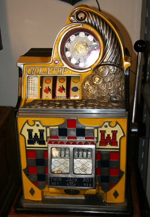 Watling Rol-A-Top checkerboard 5-cent twin jackpot slot machine. GovernmentAuction.com image.