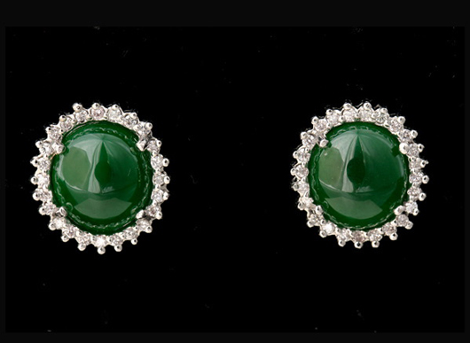 Pair of jade, diamond, 14K white gold earrings. Estimate: $5,000-$6,000. Image courtesy Michaan's Auctions.