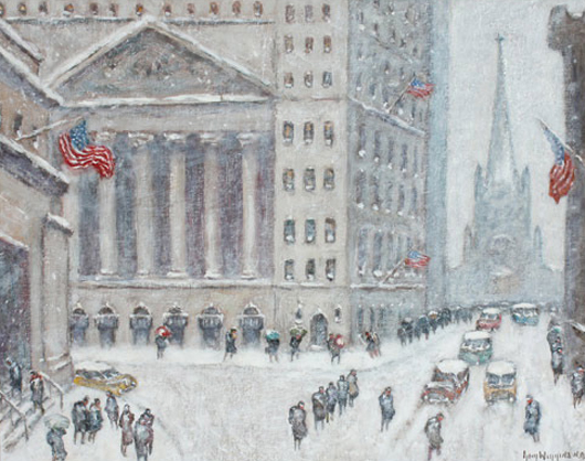 Style of Guy Carleton Wiggins (American 1883-1962), 'Wall Street, Winter,' Estimate: $1,500-$2,500. Image courtesy Michaan's Auctions.