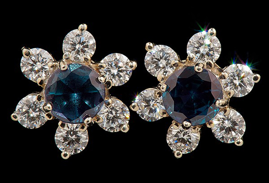 A pair of natural Alexandrite and diamond earrings measuring .95 carats and .85 carats set in 18-karat yellow gold. Estimate: $35,000-$55,000. Image courtesy Cowan’s Auctions Inc.