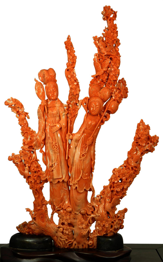 Impressive large imperial quality Chinese hand-carved red coral group figure. Price realized: $36,800. Image courtesy Elite Decorative Auctions.