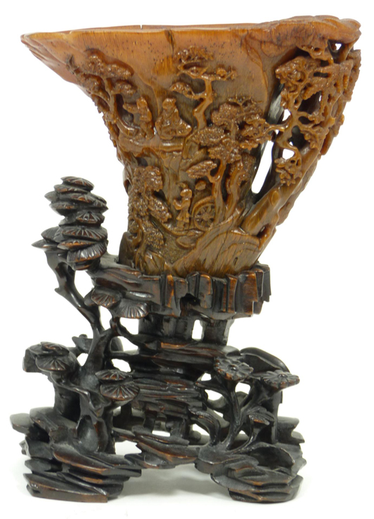 The top lot of the sale was this rare and masterfully carved rhino horn libation cup, which sold for $318,600 to a bidder in Shanghai. Image courtesy Elite Decorative Auctions.
