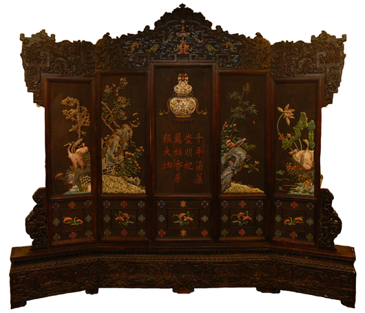 Large five-panel imperial throne screen made from zitan wood, 133 inches long. It sold  for $153,400. Image courtesy Elite Decorative Auctions.
