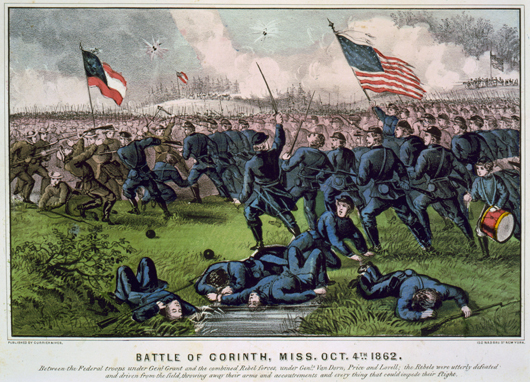 A Currier and Ives hand-colored lithograph depicts the Battle of Corinth, Miss. Image courtesy Wikimedia Commons.