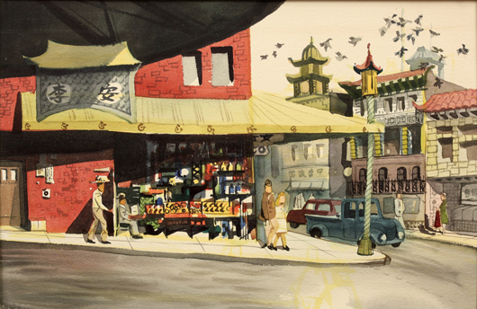 This double-sided watercolor by Jake Lee (Californian, 1915-1991) entitled ‘Chinatown and Jalopy, 1959,’ earned a respectable $8,888. Image courtesy Clars Auction Gallery.