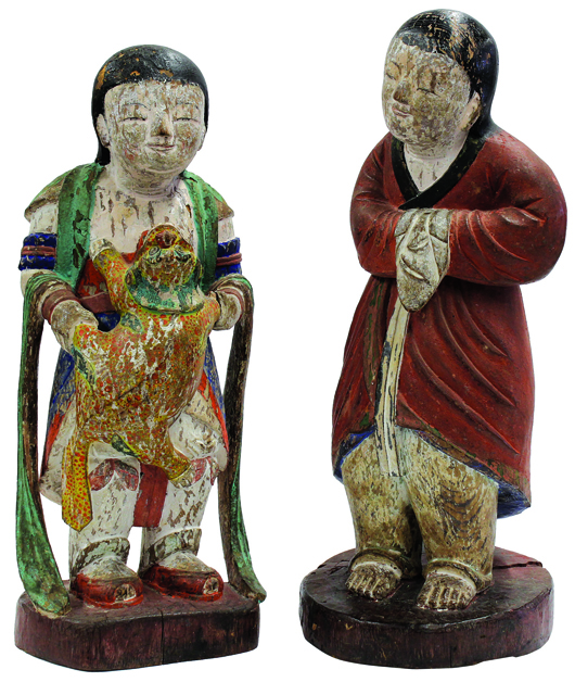 The top offering at Clars’ March auction was lot 8147, a pair of Korean polychrome decorated wood figures, Joseon dynasty, which sold for a staggering $50,363. Image courtesy Clars Auction Gallery.