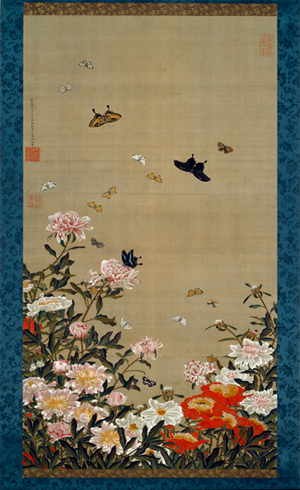 Itō Jakuchū, 'Peonies and Butterfies' (J. Shakuyakuguncho zu), Shakuyaku gunchō zu), c. 1757 (Hōreki 7), ink and color on silk, from 'Colorful Realm of Living Beings,' (J. Dōshoku sai-e), set of 30 vertical hanging scrolls, c. 1757–1766, Sannomaru Shōzōkan (The Museum of the Imperial Collections), The Imperial Household Agency. Image courtesy National Gallery of Art.