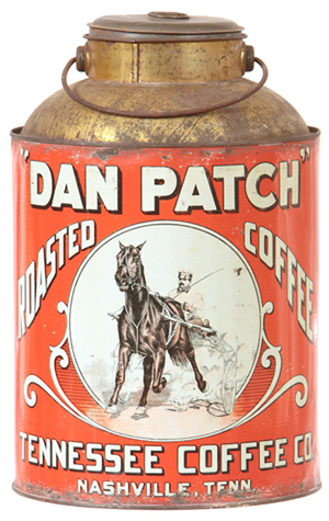 Dan Patch, a famous pacer, is pictured on this coffee tin. The horse was a celebrity in the early 1900s. Today his fame lives on in collectibles and, of course, in harness-racing record books. William Morford Auctions, in Cazenovia, N.Y., sold this 11-inch tin for $2,035.