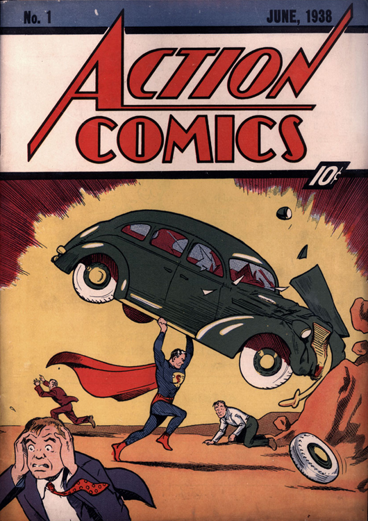 Cover of Action Comics #1 (June 1938, DC Comics) featuring Superman's debut. Art by Joe Shuster, color by Jack Adler. Source: Grand Comics Database. Fair use of copyrighted image under US Copyright Law. All DC Comics characters and the distinctive likeness(es) thereof are Trademarks & Copyright 1938 DC Comics, Inc. ALL RIGHTS RESERVED.