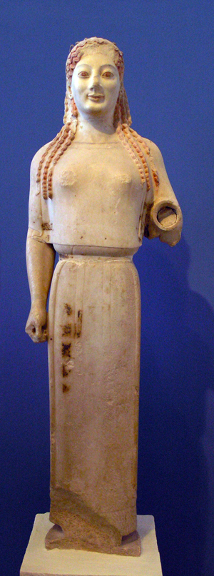 Example of a Green kore (maiden) sculpture, circa 530 B.C., Acropolis Museum, Athens. Photo by Marsyas, licensed under the Creative Commons Attribution-Share Alike 2.5 Generic license.