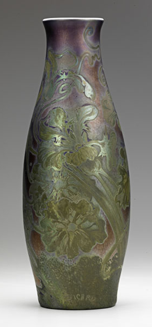 Jacques Sicard for Weller tall vase with nasturtium. Estimate: $1,000-$1,500. Rago Arts & Auction Center.   