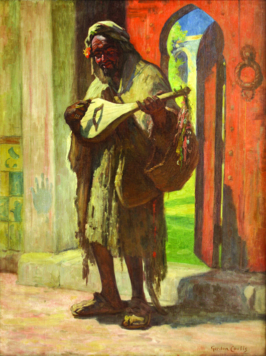 Among the fine art to be offered from the Fromer estate will be this Gordon Coutts (Californian, 1868-1937) oil on canvas, 'Musician at a Red Doorway,'  which carries an estimate of  $3,000-$5,000. Image courtesy Clars Auction Gallery.