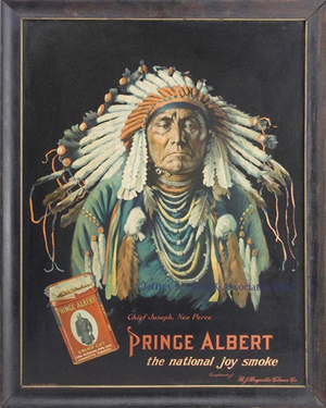 This lithographed tin sign, 22 by 28 inches, shows Chief Joseph of the Nez Perce American Indian tribe in full headdress, the red Prince Albert tobacco tin and the slogan, 'The National Joy Smoke.' It sold in December 2011 for $8,400 at a Jeffrey S. Evans auction in Mount Crawford, Va. Both the picture of the Indian chief and the famous Prince Albert tin added to the value.