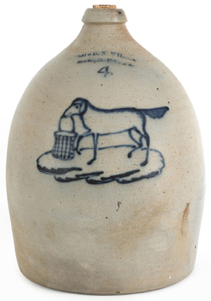 One of the fine pieces of decorated stoneware from a Pennsylvania collector, this Cowden and Wilcox piece carries the rare design of a dog holding a basket. Estimate: $25,000-$35,000. Image courtesy Pook & Pook Inc.