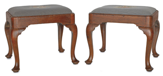 A rare pair of Philadelphia Queen Anne walnut footstools, circa 1735. This is likely the only pair currently in private hands. Estimate: $50,000-$100,000. Image courtesy Pook & Pook Inc.