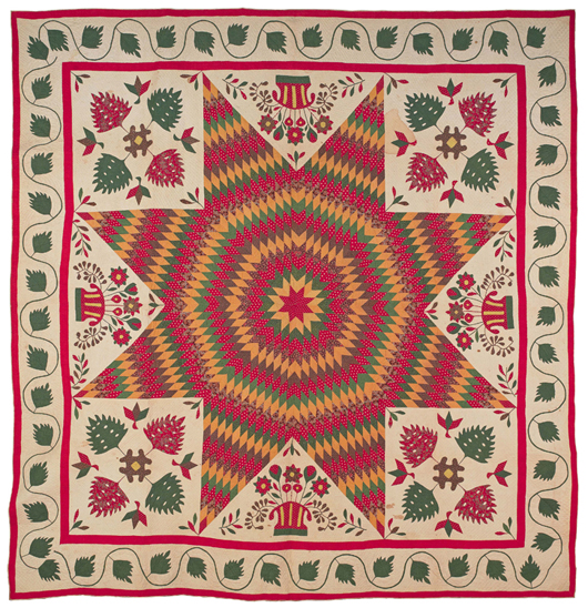 A beautiful Bethlehem star album quilt with applique and trappunto designs. Estimate: $5,000-$10,000. Image courtesy Pook & Pook Inc.