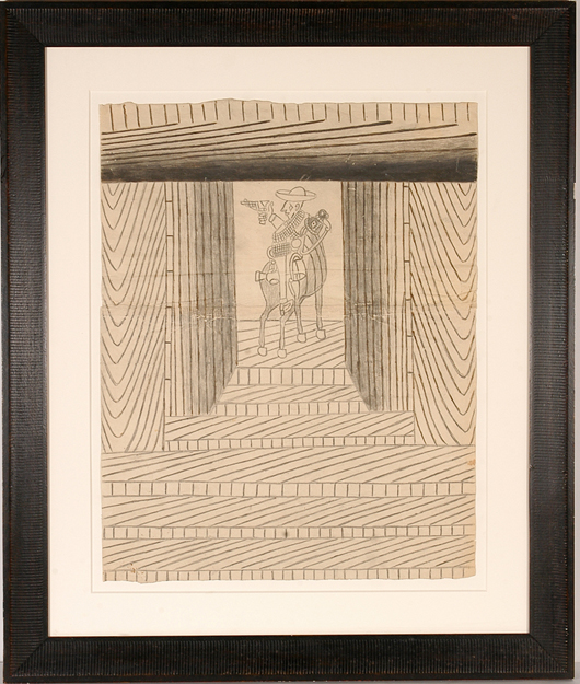 Graphite on joined paper by Martin Ramirez, titled 'Caballero,' framed and unsigned. Estimate: $35,000-$45,000). Image courtesy Slotin Auction.