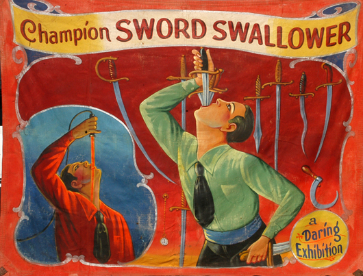 'Champion Sword Swallower' circus sideshow banner attributed to Neiman Eisman, circa 1930s-'40s. Estimate: $3,000-$4,000. Image courtesy Slotin Auction.