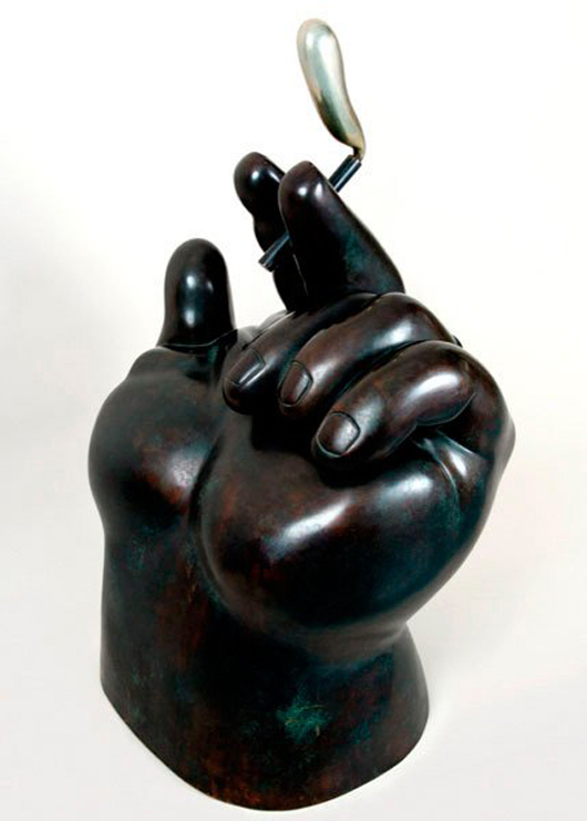 Fernando Botero's (Colombian, b. 1932-) distinctive style is typified by his bronze titled 'Hand with Cigarette,' 1981, 2/6, which sold for $65,000 + buyer's premium at Fuller's Fine Art Auctions, Oct. 25, 2008. Image courtesy of LiveAuctioneers.com Archive and Fuller's.